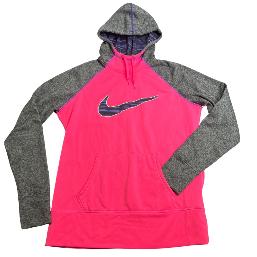 Nike Womens Therma-FIT Pink Gray Raglan Pullover Hoodie 654767-639 Size L
